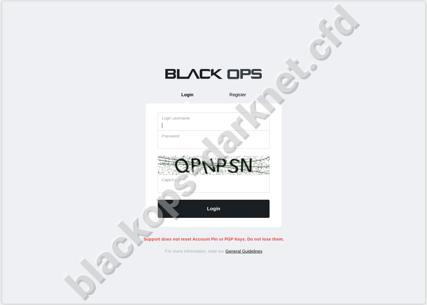 Blackops market login page – PGP key and 2FA required